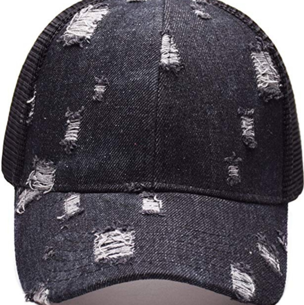 Black shredded denim baseball cap.